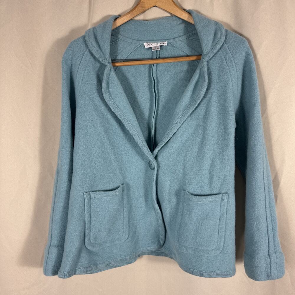 Pendleton Petite Lg 100% Lambswool Cardigan Jacket Blue Shawl Collar Wool